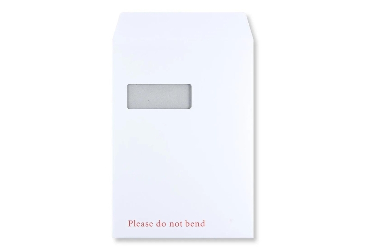 Image of 324 x 229mm - A4/C4 Do Not Bend Envelopes - With Window - White Printed - 125 Envelopes
