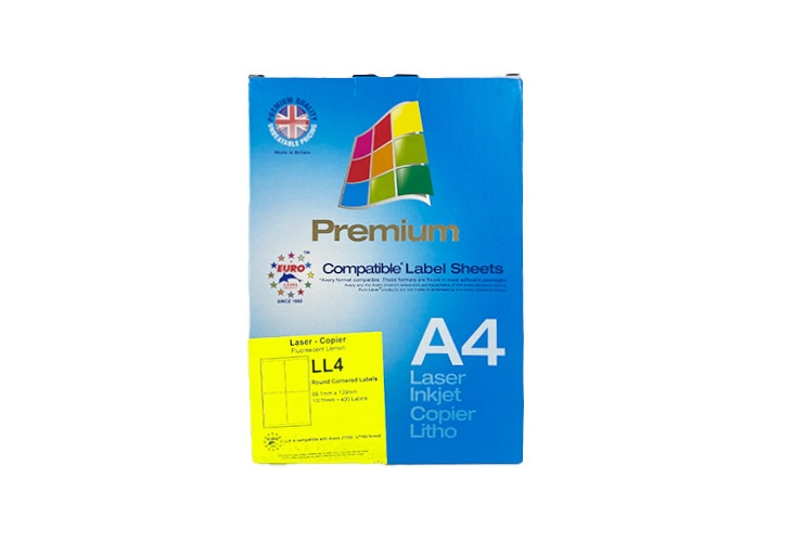 Printer Labels - 4 Per Sheet - Fluorescent Yellow - Round Corners - 2
